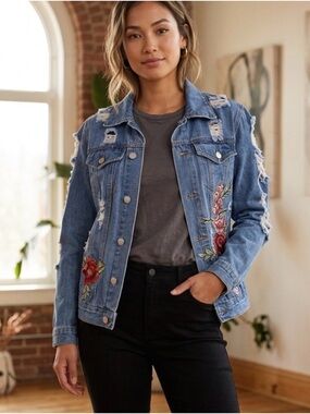 Ella ,Distressed Blue Denim Jacket with Floral Embroidery